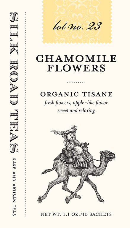 Silk Road Teas, Chamomile Flowers, organic tisane. Fresh flowers, apple like flavor, sweet and relaxing. Box of 15 sachets