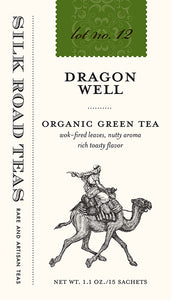 Silk Road Teas Dragon Well, organic green tea. Wok-fired leaves, nutty aroma with rich toasty flavor. Box of 15 sachets.