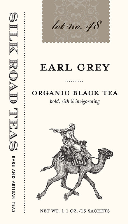 Silk Road Teas Earl Grey, organic black tea. Bold, rich and invigorating. Box of 15 sachets.
